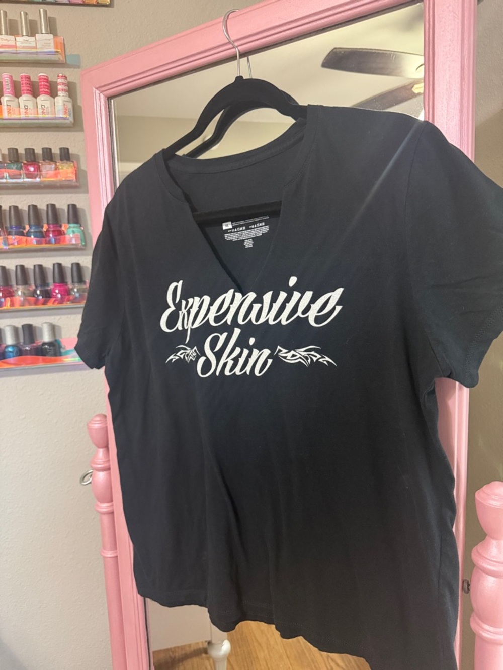 Black Cotton T‑Shirt with White “Expensive Skin” Graphic Print Handcut V Neck